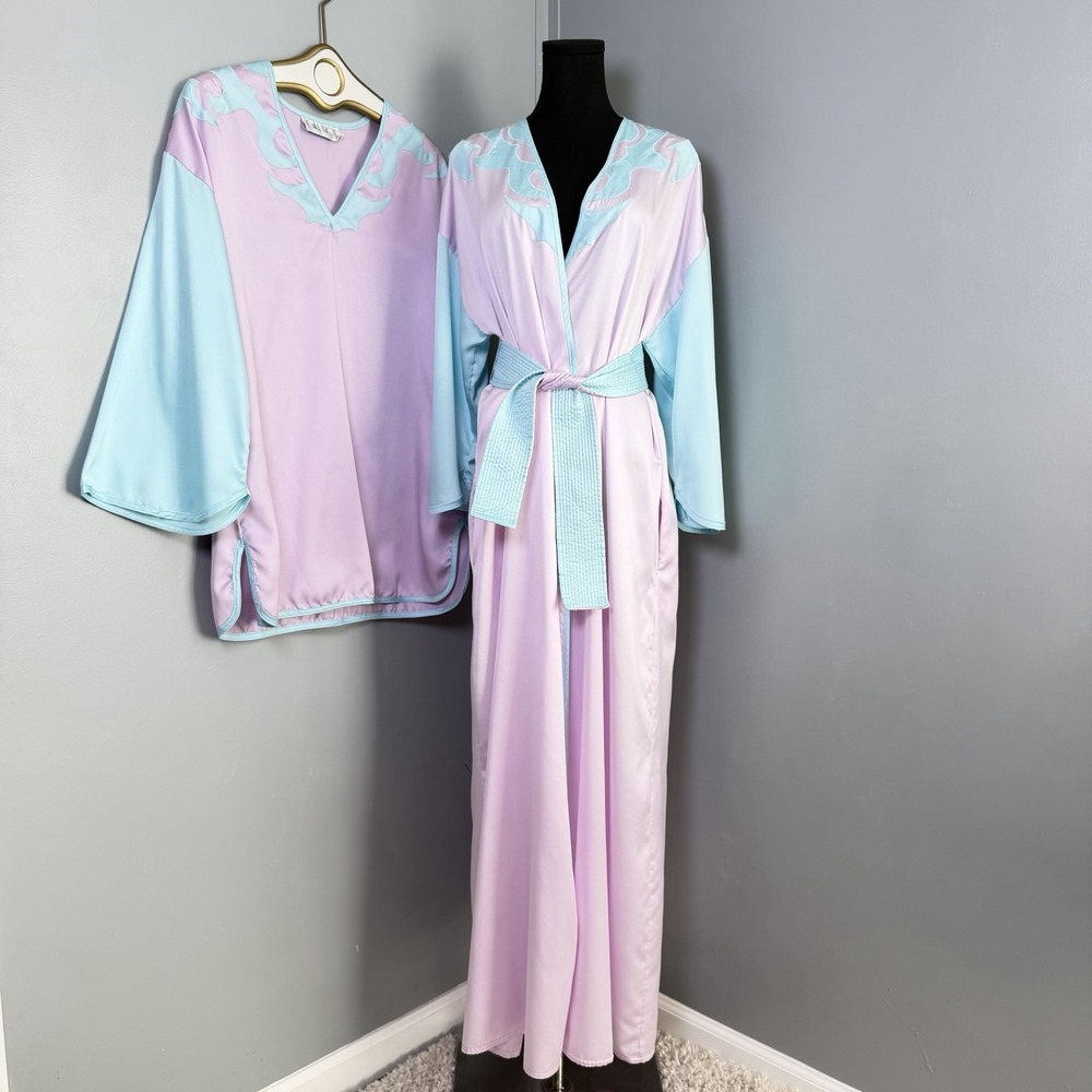 Bill Tice 70s Satin Nightgown Robe Set Pastel Kimono Sleeve Lounge Glamour Vtg L